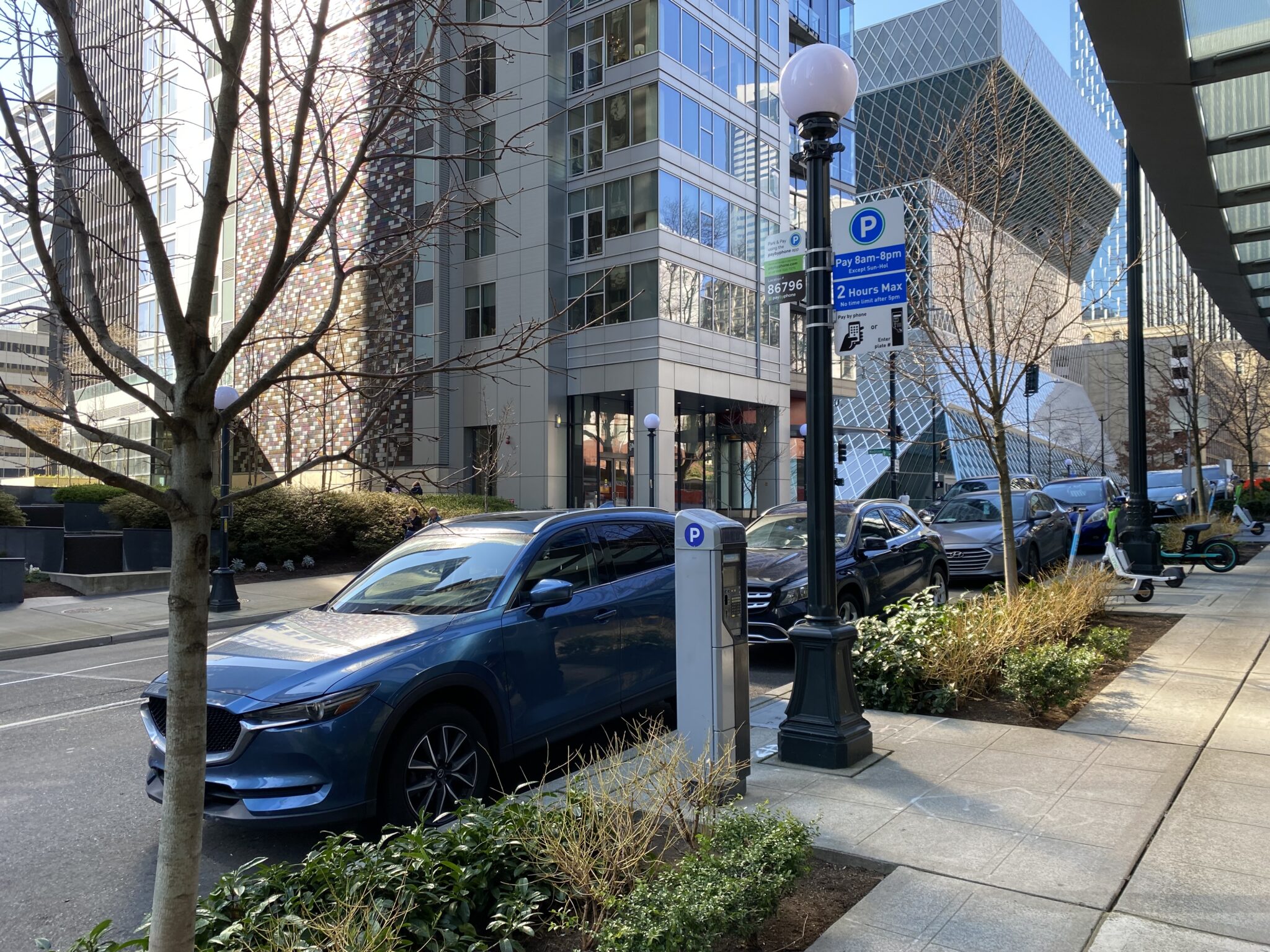 Cars parked by the curb at paid parking stations in Downtown. Paid parking indicated by a white and blue sign with notice of paid parking from 8am to 8pm and a pay machine in front of it. Gray building with large windows in the background and a branch-like tree to the left of the image.