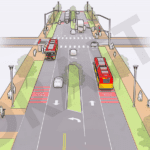 An artist's drawing of a street with buses, people walking and biking, and cars. The street includes multiple lanes and green buffer areas.