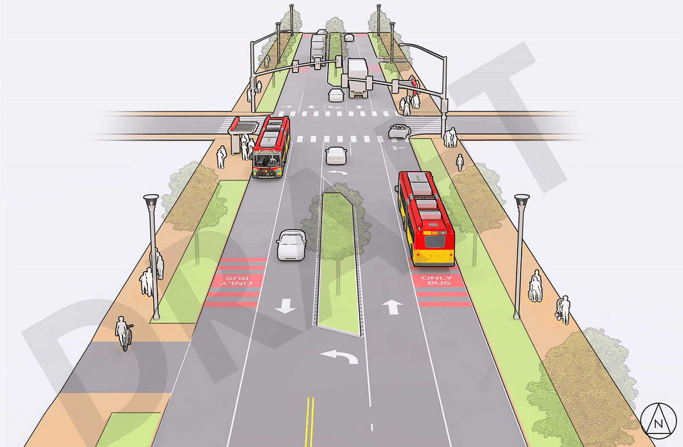 An artist's drawing of a street with buses, people walking and biking, and cars. The street includes multiple lanes and green buffer areas.