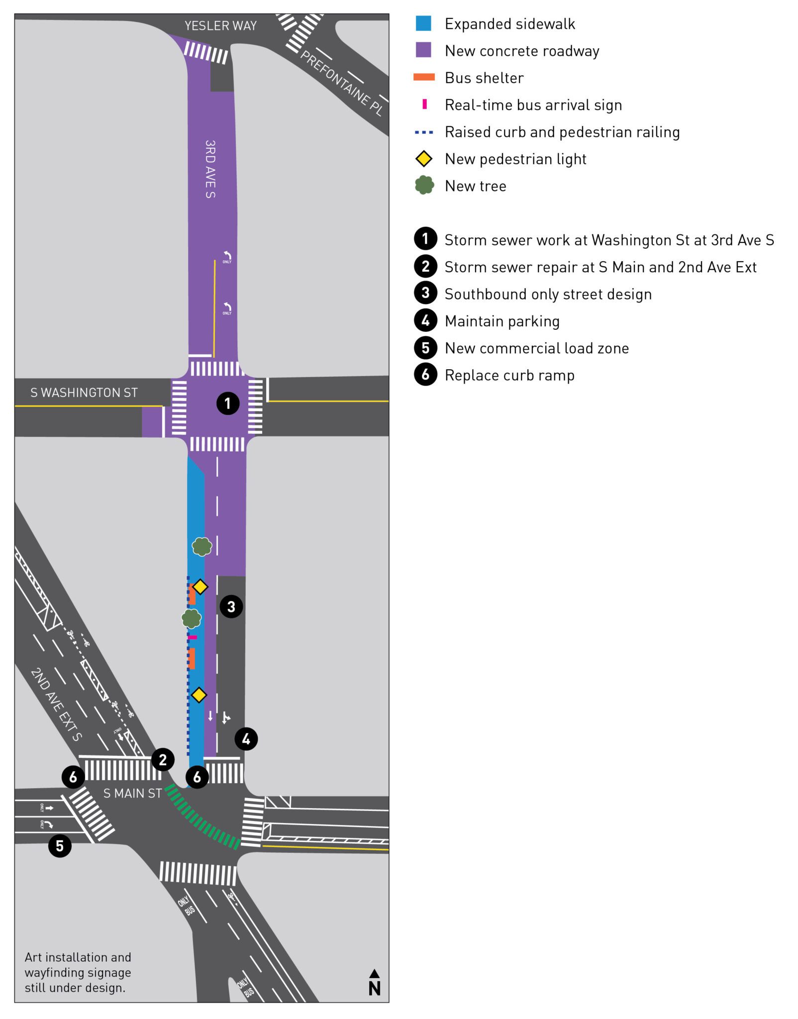 Map graphic showing improvements along 3rd Ave S between Yesler Way and S Main St. They include new concrete roadway, expanded sidewalks, new lighting, bus shelters, and more.
