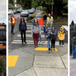 Three photos in a collage. To the left, a bus at a bus stop. In middle, students and adults cross the street. To the right, a bridge is open with cars waiting to cross.