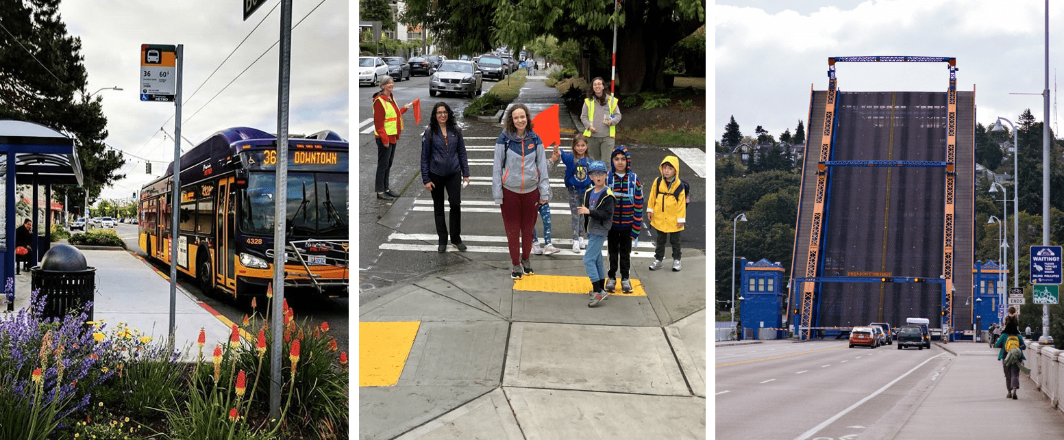 Three photos in a collage. To the left, a bus at a bus stop. In middle, students and adults cross the street. To the right, a bridge is open with cars waiting to cross.