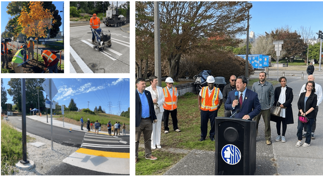 Clockwise from top left: planting trees, remarking crosswalks, the groundbreaking of the Martin Luther King Jr Way Safety Project, and new sidewalk near Wing Luke Elementary. 