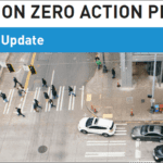 Birds-eye view of a car turning through an intersection with people crossing the street. Large lettering says "Vision Zero Action Plan" and "2024 update" in the graphic.