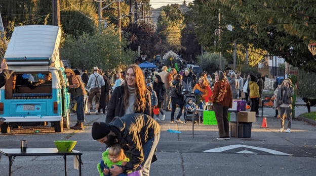 People attend a community gathering on a neighborhood street in Seattle. Photo: SDOT 