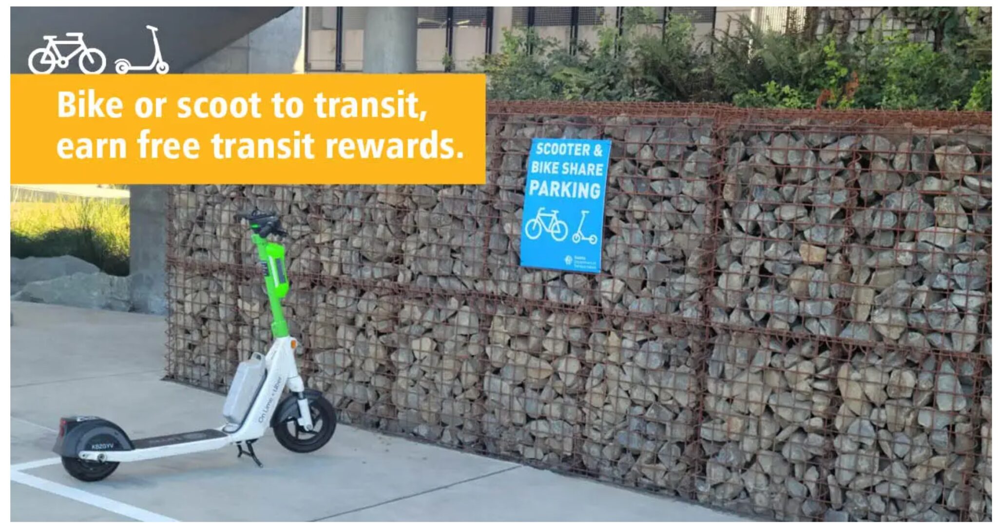 A green and white Lime scooter parked in front of a blue sign that says 'scooter and bikeshare parking'. An orange label on the graphic says 'Bike or scoot to transit, earn free transit rewards.'