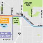 Map of several projects in north Seattle nearby one another. A future light rail station near I-5 is shown in the middle with a black circular icon. Each project is shown in a different color, with multiple along NE 130th St and NE 125th St.