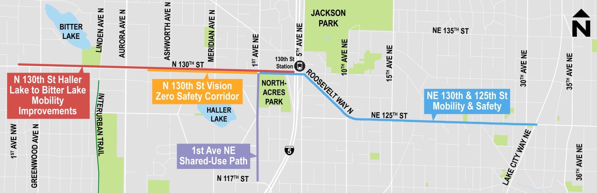 Map of several projects in north Seattle nearby one another. A future light rail station near I-5 is shown in the middle with a black circular icon. Each project is shown in a different color, with multiple along NE 130th St and NE 125th St.