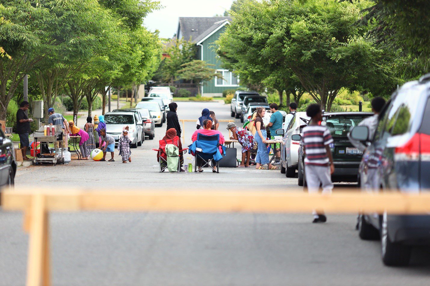 A large group of people at a community gathering on a closed street, with large green trees, houses, and parked cars also in the background.