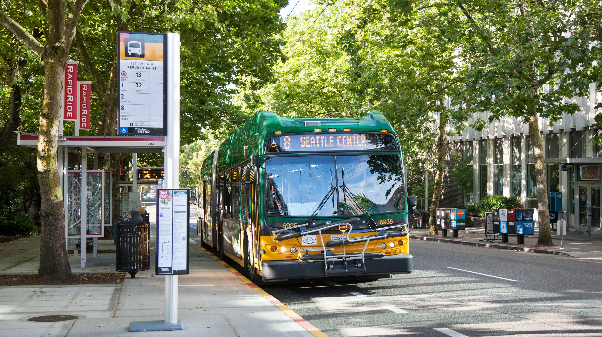 A bus at a bus stop, with large trees in the background. The bus sign board says 
