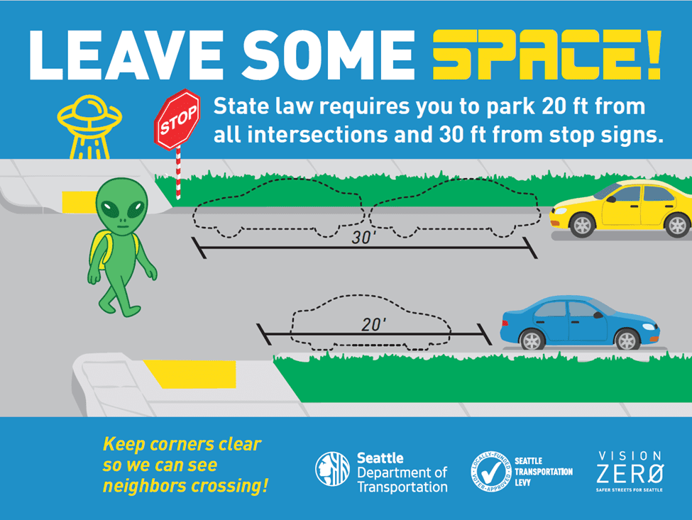 Graphic with language encouraging readers to leave some space, Seattle! We’re keeping intersections clear to help improve everyone’s travel safety.