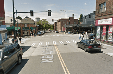 Before improvements at NE 42nd St and University Way NE in the U District. Photo Credit: Google. Pedestrians are less visible.