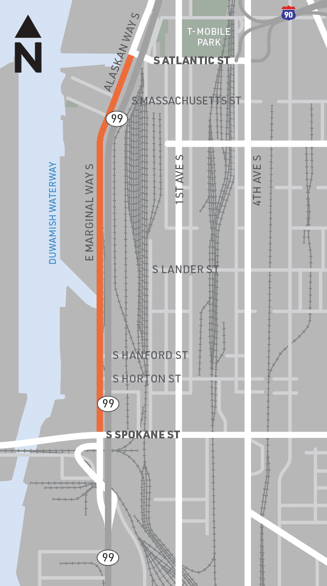 A map of the project area shown with an orange line between S Spokane St to the south and S Atlantic St to the north, traveling along E Marginal Way S.