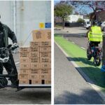Two images side-by-side. In the left image, a person is next to a large palette of carboard boxes. In the right image, someone is actively biking in a green protected bike route with a large black box towed behind the bike.