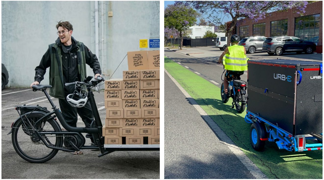 Two images side-by-side. In the left image, a person is next to a large palette of carboard boxes. In the right image, someone is actively biking in a green protected bike route with a large black box towed behind the bike.