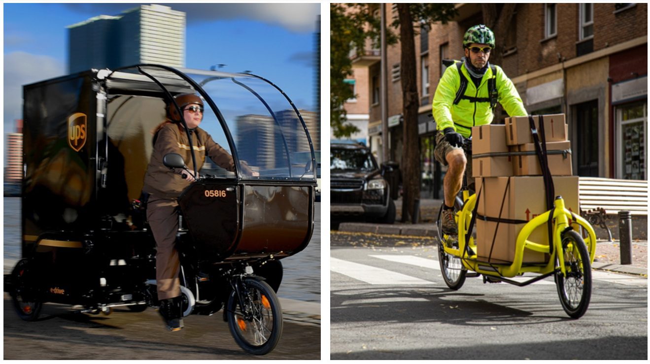 Two images side-by-side. In the left image, a person rides a large e-cargo bike with a brown UPS logo on the back. In the right image, a man wearing a bright yellow jacket rides a yellow e-cargo bike with several large brown boxes loaded on the front.