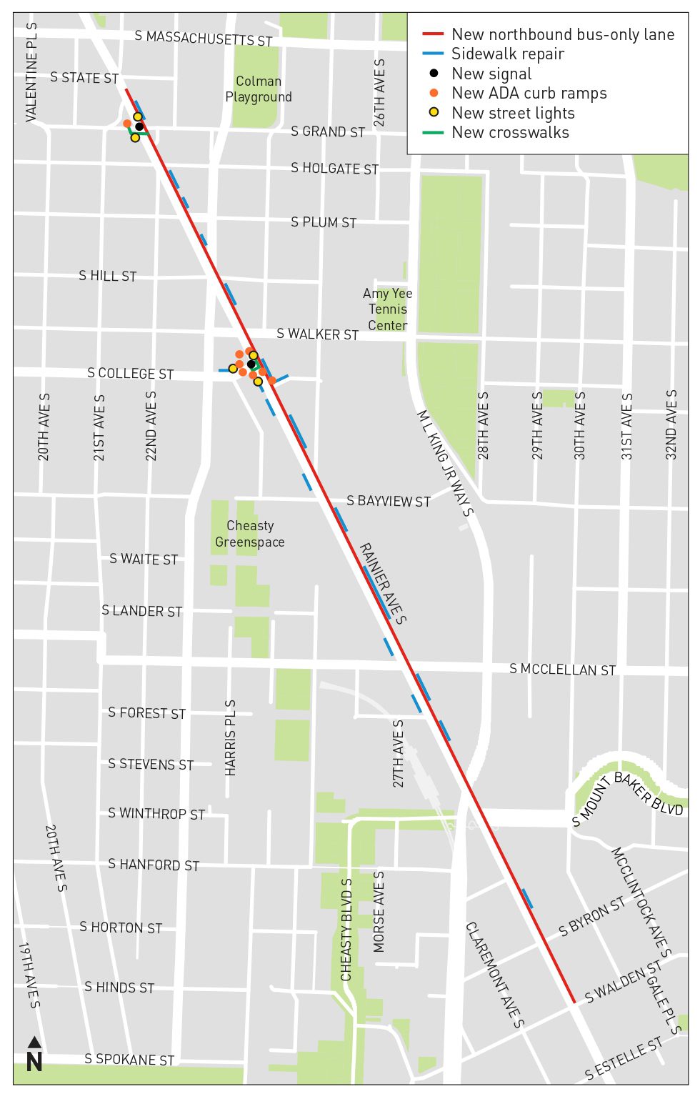 A map showing the location of several improvements along Rainier Ave S in Seattle, between S Walden St and S Grand St. These include a new northbound bus-only lane shown in red.