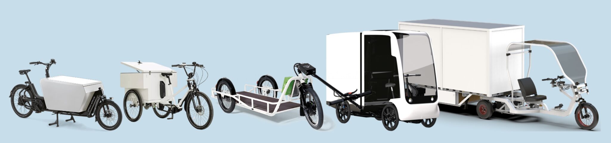 A variety of types of e-cargo bikes lined up next to each other in an informational graphic with a light blue background. Five different types of e-cargo bikes have a variety of sizes and equipment mounted to them.