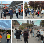 Four photos showing people walking and standing at outdoor events in local neighborhoods.