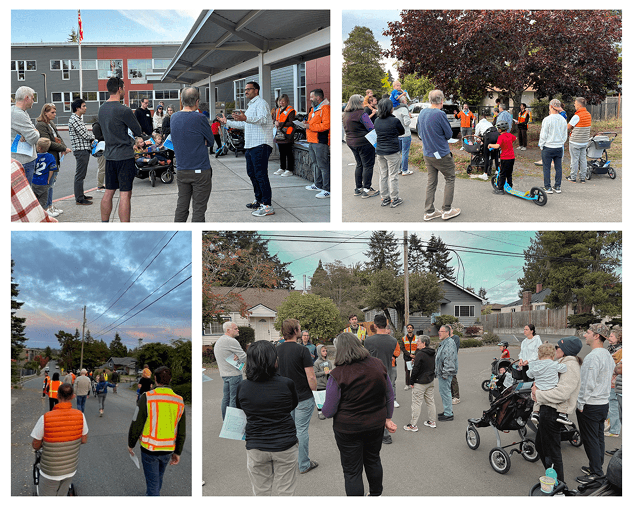 Four photos showing people walking and standing at outdoor events in local neighborhoods.