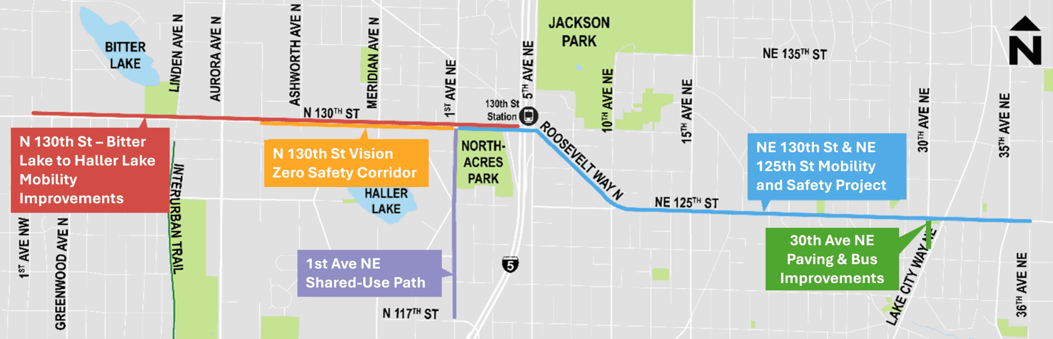 Map showing a variety of projects improving safe and comfortable access to the future Pinehurst Station in northeast Seattle, particularly along N 130th St and NE 125th St.
