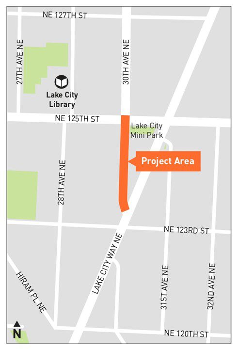 A map that shows the project area on 30th Ave NE, between Lake City Way NE and NE 125th St, located near the Lake City Library and Lake City Mini Park.