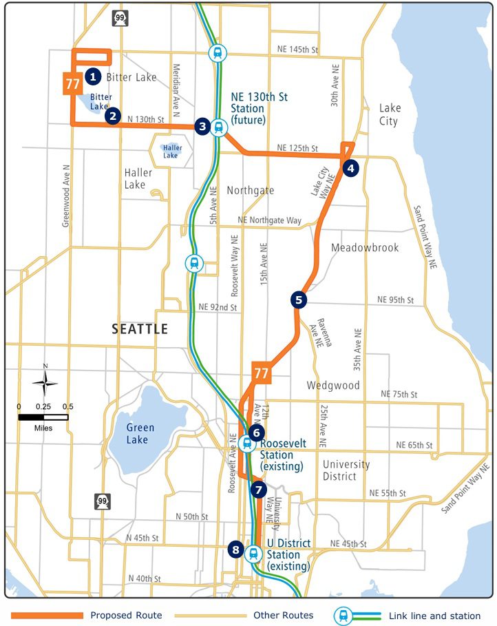 A map showing the path of the future Route 77 bus route, which will serve the future Pinehurst Station in northeast Seattle. Part of the route travels north/south along Lake City Way NE.