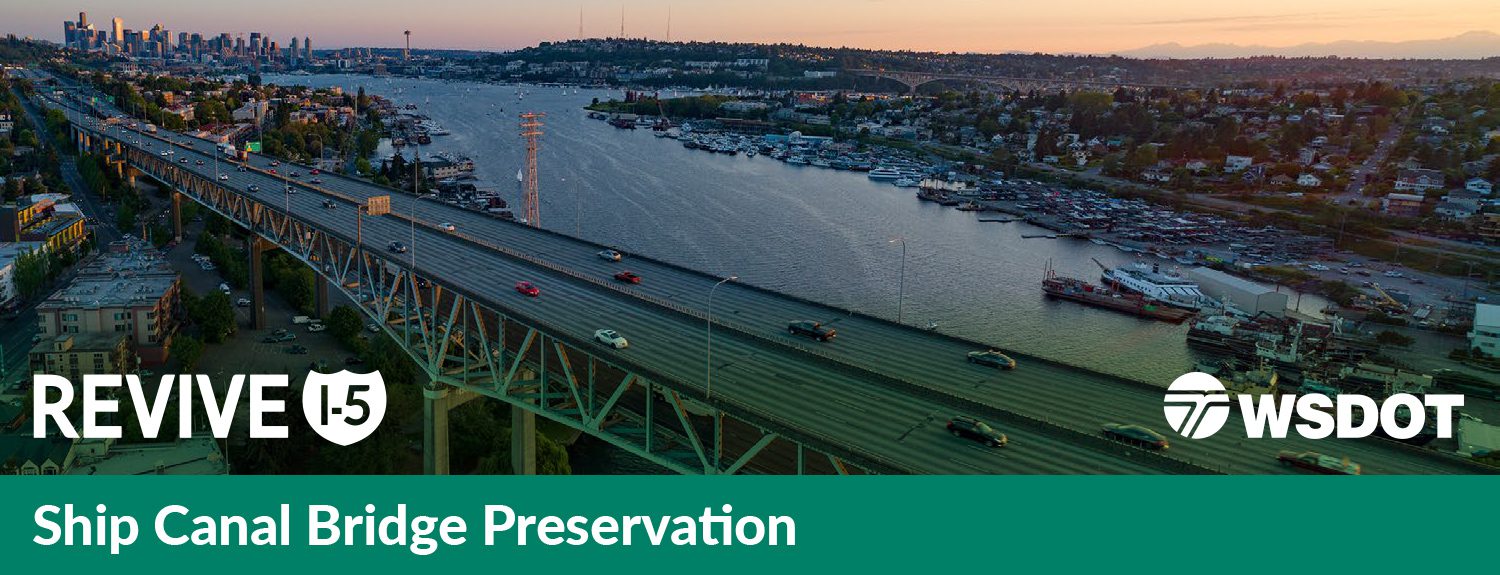 Aerial photo of a large bridge in the evening, with water in the background. The image includes the worlds 