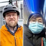 Four people on their commutes. Three of them are wearing bike helmets, and the other is wearing glasses and a blue mask.