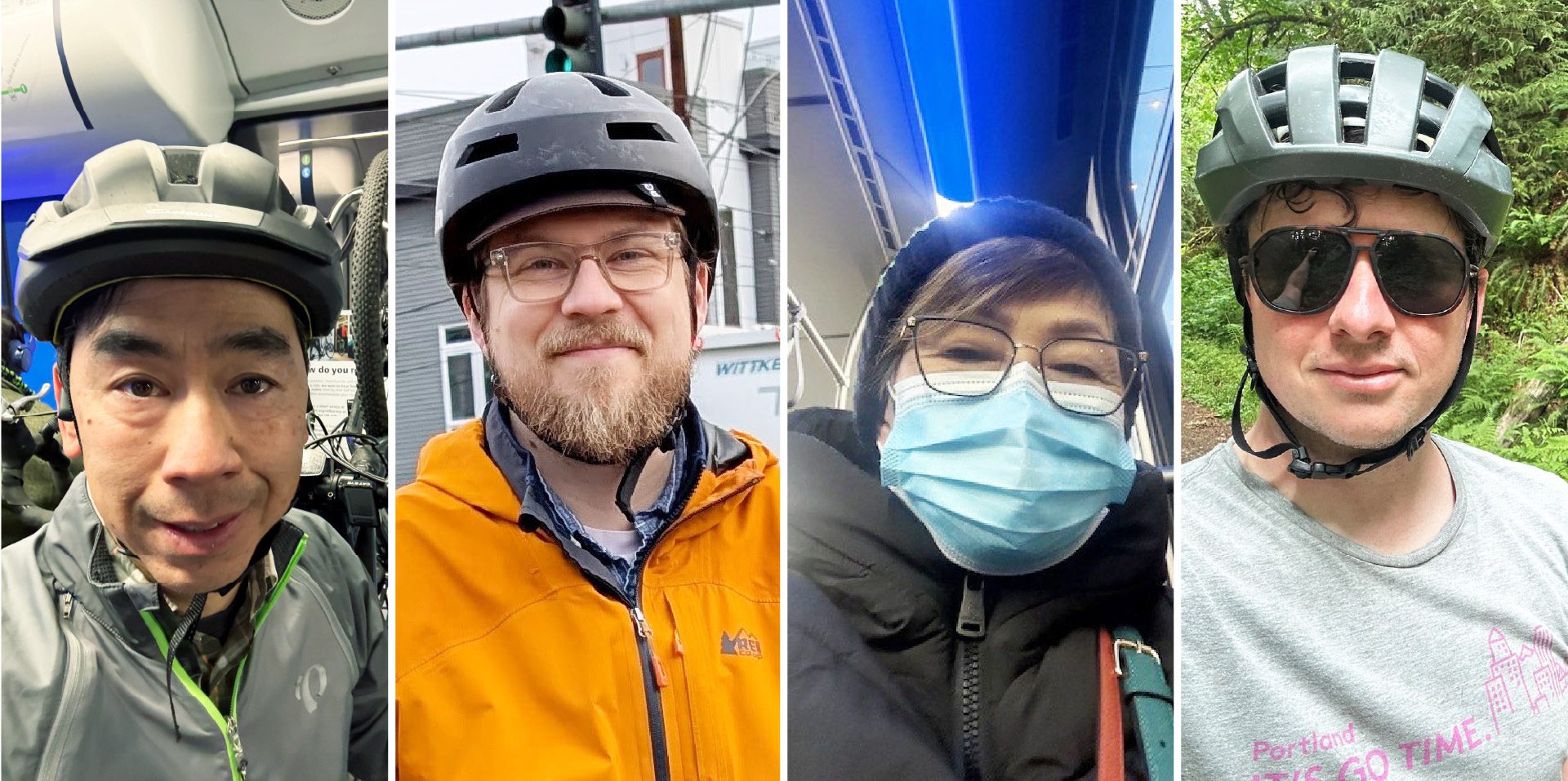 Four people on their commutes. Three of them are wearing bike helmets, and the other is wearing glasses and a blue mask.