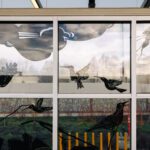 Glass windows featuring artwork fill the frame. The artwork contains black silhouettes of birds and plants.
