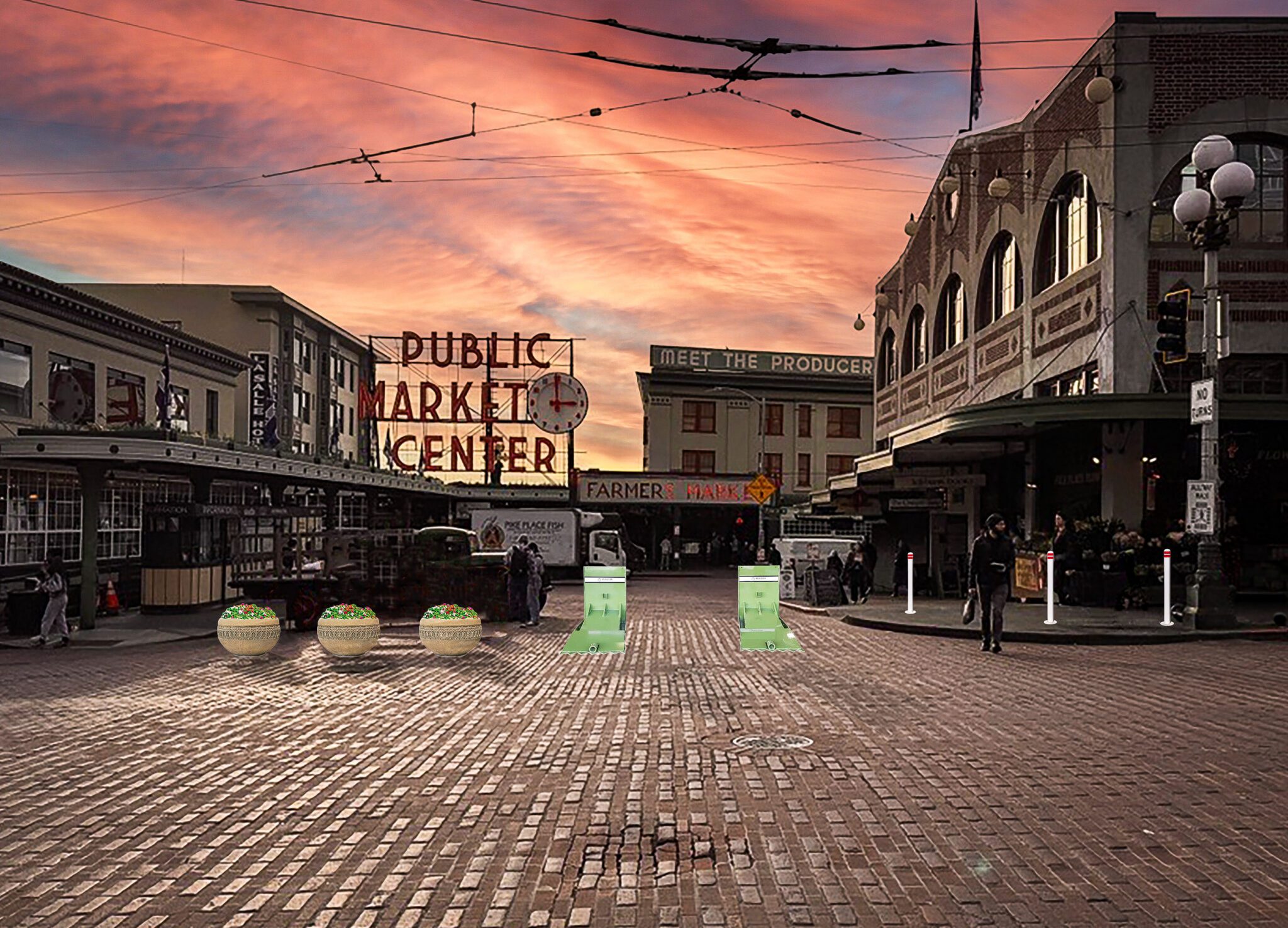 A street scene at Pike Place Market during sunrise or sunset, featuring the iconic "Public Market Center" sign, cobblestone streets, market stalls, and scattered pedestrians under a colorful sky.
