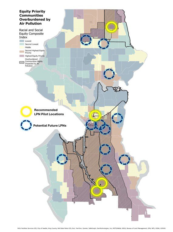 A map showing Seattle with color-coded areas representing equity priority levels based on a Racial and Social Equity Composite Index. Brown and purple areas indicate the 'Highest Equity Priority,' and they are mostly in South Seattle and the most north part of the city. Those areas also have hatched patterns marking 'Overburdened Communities Highly Impacted by Air Pollution.' Yellow, green, and blue areas represent lower priority levels. Circular markers highlight 'Recommended LPN Pilot Locations' in high-priority areas and 'Potential Future LPNs' scattered across various regions. A legend explains the color codes and symbols, and attribution details are included at the bottom.