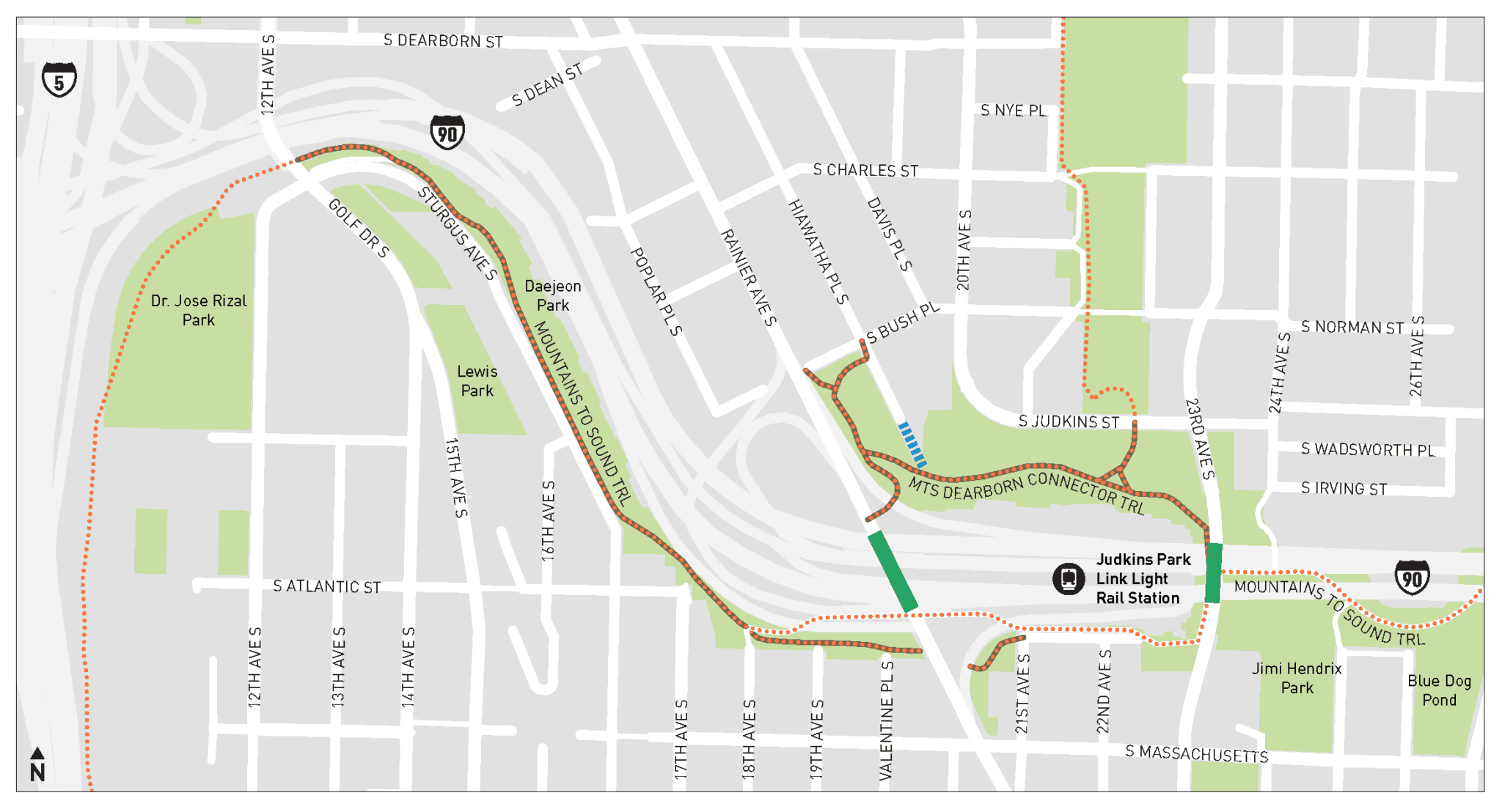 A map of the Judkins Park area. "Judkins Park Link Light Rail Station" is labeled in the lower right corner. Surrounding the station, a line of orange dots indicate a path. Many of the orange dots are highlighted. Parks, streets, and nearby highways are also labeled.