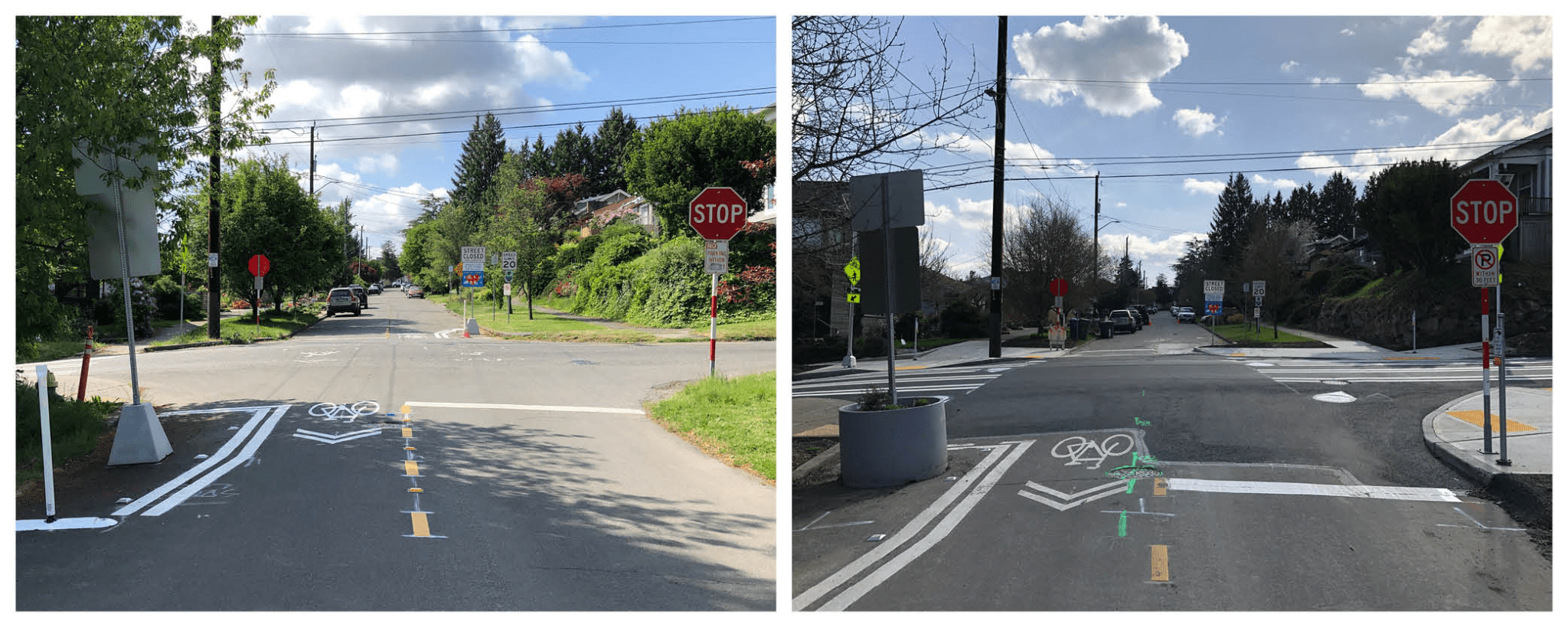 Side-by-side photos show 18th Ave S and S College St before (left) and after (right) improvements. The "after" photo highlights new crosswalks, flashing pedestrian crossing signs, and pedestrian ramps, enhancing safety and accessibility.