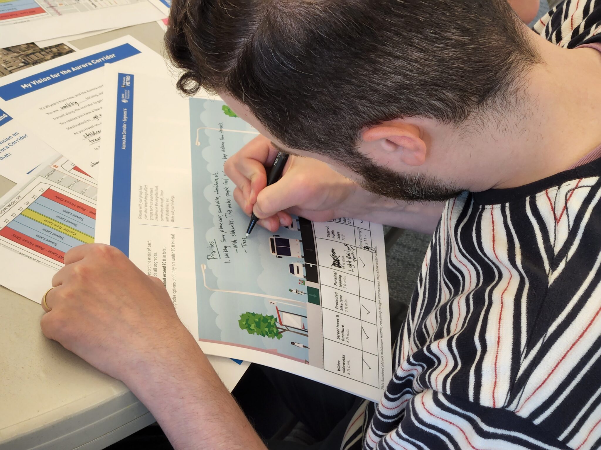 A man with dark curly hair and a beard, wearing a striped shirt, is seated at a table. He is writing on a feedback form titled 'Aurora Ave Corridor - Segment 4,' with notes advocating for wide sidewalks, walking infrastructure, and trees. The table is covered with urban planning documents, including a 'My Vision for the Aurora Corridor' worksheet. 
