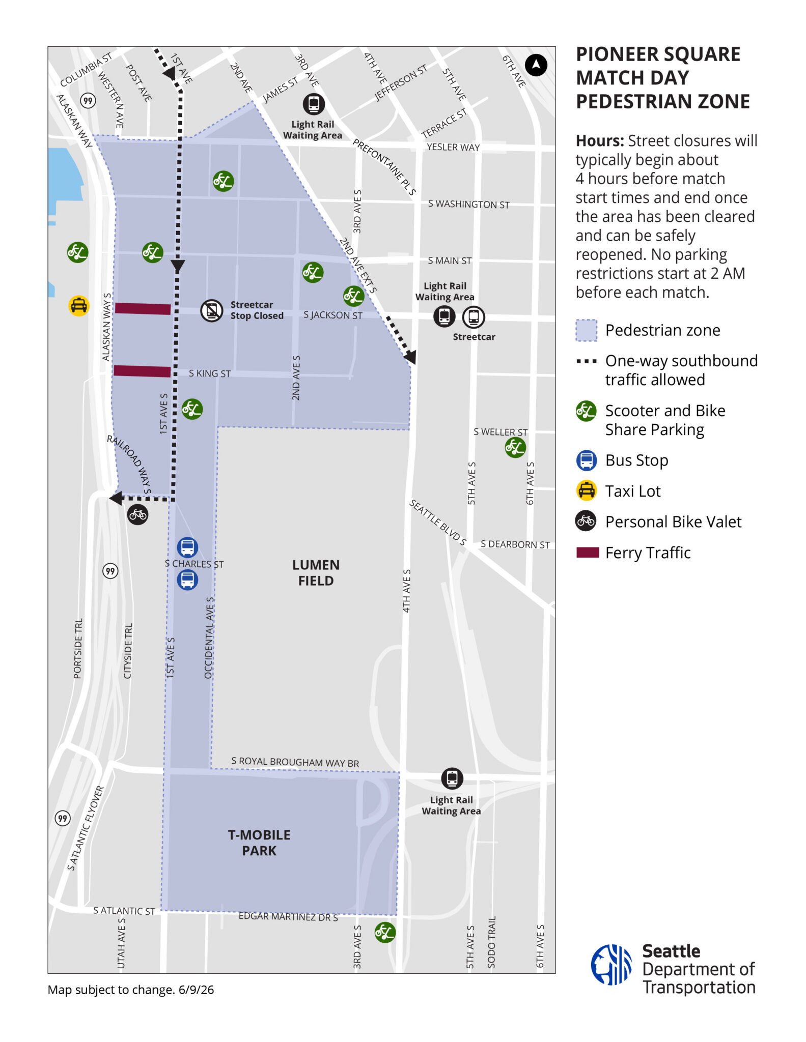 Map of the Pioneer Square Match Day Pedestrian Zone in Seattle. A large blue-shaded pedestrian area surrounds Lumen Field and T-Mobile Park, covering streets from about James Street south to South Atlantic Street. Light rail waiting areas are marked near James Street, near South Jackson Street, and near South Royal Brougham Way. Scooter and bike share parking is marked around Pioneer Square and the stadium area, and a personal bike valet is marked near Railroad Way South. The map also marks bus stops and a taxi lot. One-way southbound traffic is allowed on part of 1st Avenue South and 2nd Avenue Extension South. Street closures usually begin about 4 hours before match start, and no parking restrictions begin at 2 a.m.