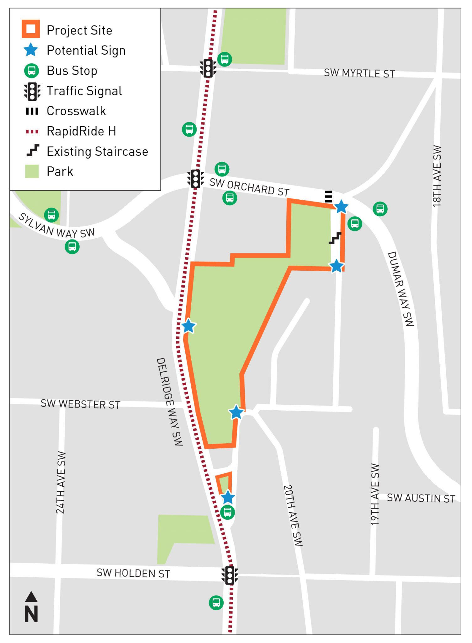 Map of urban neighborhood with an orange-outlined project site split into two areas: a larger section near SW Orchard St and Delridge Way SW, and a smaller triangle further south. Features include five blue stars for potential signs, a dashed red RapidRide H transit line, green bus stop icons, black traffic signal and staircase icons, and a crosswalk at SW Orchard St and Dumar Way SW. Light green marks parks, emphasizing transit and pedestrian access.
