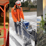 A composite image of three vertical panels showing municipal workers at different tasks. The left panel features a worker operating a vehicle at night under red lighting. The middle panel shows a worker in orange safety gear using a line-striping machine on a suburban road. The right panel depicts a worker in orange and white removing ivy from a concrete bridge pillar.