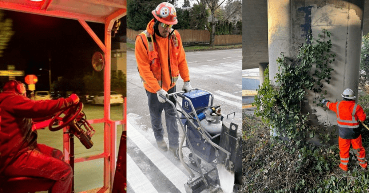 A composite image of three vertical panels showing municipal workers at different tasks. The left panel features a worker operating a vehicle at night under red lighting. The middle panel shows a worker in orange safety gear using a line-striping machine on a suburban road. The right panel depicts a worker in orange and white removing ivy from a concrete bridge pillar.