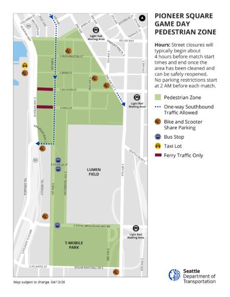 Map of the Pioneer Square pedestrian zone on World Cup game days. The zone extends from Edgar Martinez Dr to Yesler Way, and from Alaskan Way S to 2nd Ave Ext S / 4th Ave S