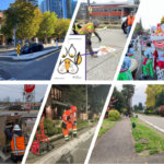 Clockwise from upper left: transit spot improvement, school street in West Seattle, public engagement for the Graham St Link Light Rail station area, new walkway in N Seattle, new better bike barrier, and new signal in Ballard.