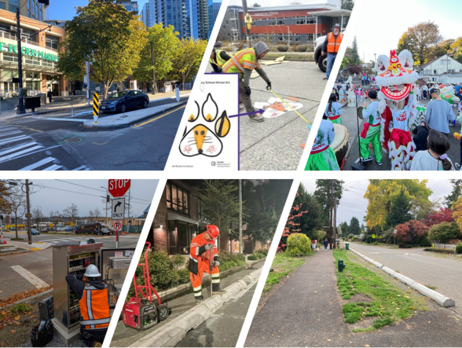 Clockwise from upper left: transit spot improvement, school street in West Seattle, public engagement for the Graham St Link Light Rail station area, new walkway in N Seattle, new better bike barrier, and new signal in Ballard.