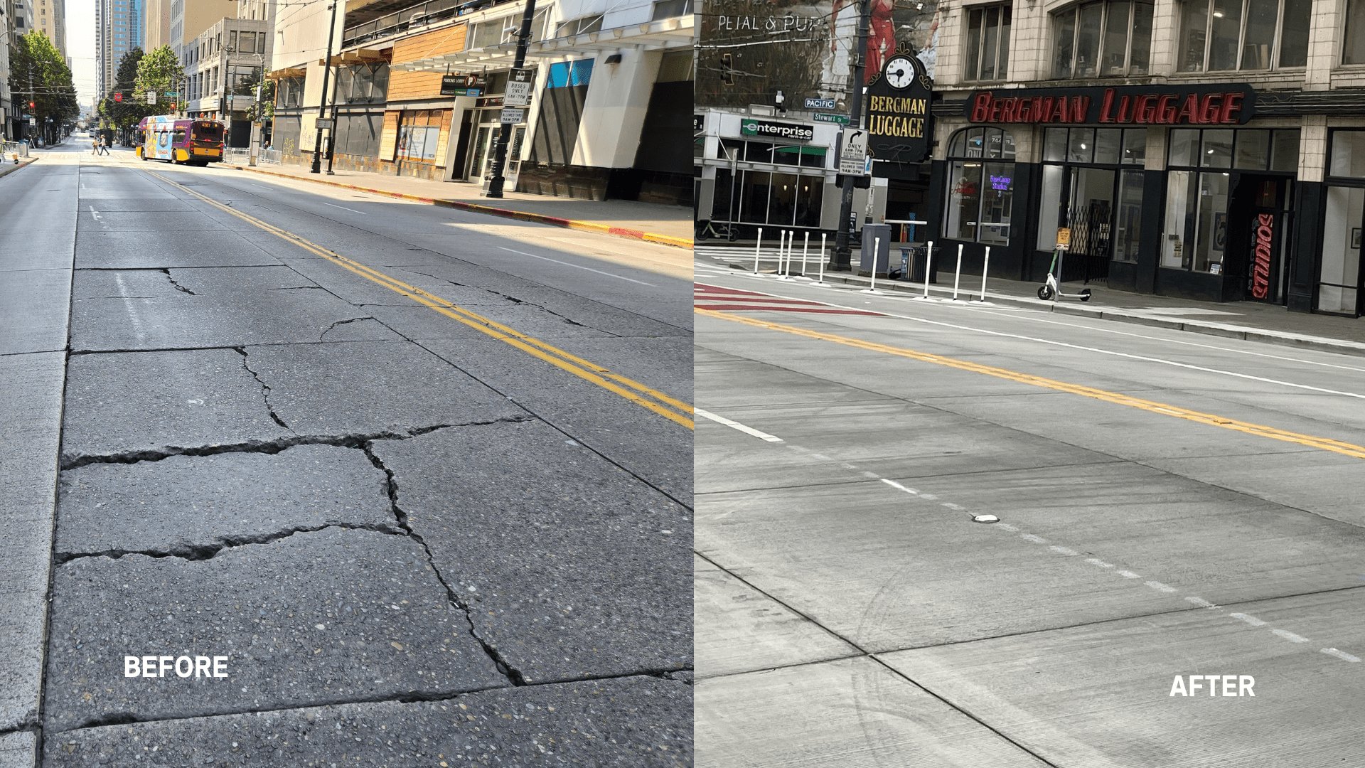 A side-by-side “before and after” image shows the same downtown street changing from a cracked, uneven roadway with a bus driving through it to a smooth, newly paved street with fresh lane markings. There are also storefronts, white safety bollards, and a parked scooter in the updated view.