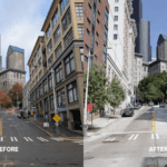 A side-by-side “before and after” comparison shows the same uphill downtown street corner at two different times. On the left, the road is dark, worn asphalt under an overcast sky. There are cracks and potholes in the street. On the right, the same street has smooth concrete, with green trees and bright blue sky.