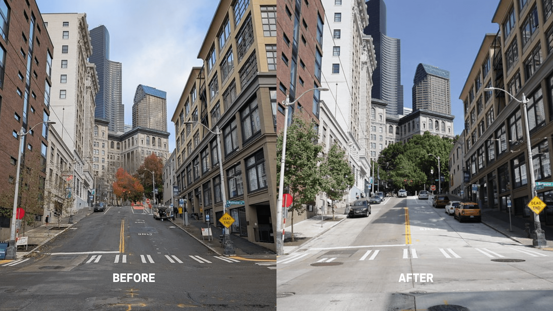 A side-by-side “before and after” comparison shows the same uphill downtown street corner at two different times. On the left, the road is dark, worn asphalt under an overcast sky. There are cracks and potholes in the street. On the right, the same street has smooth concrete, with green trees and bright blue sky.