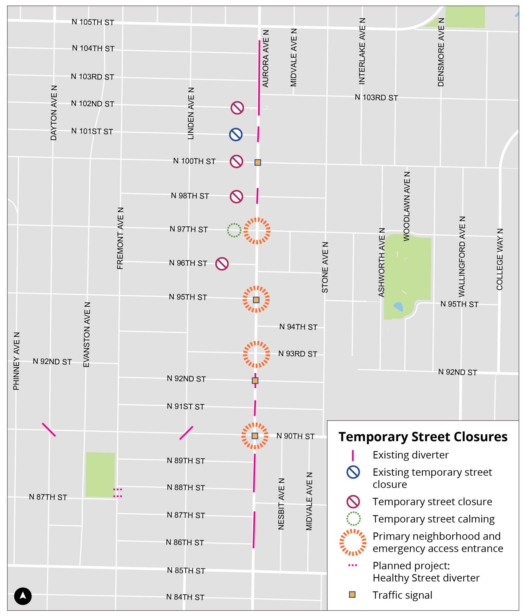 Map of temporary street closures on the west side of Aurora Ave N at N 96th, N 98th, N 100th, and N 102nd streets to help disrupt illegal activity and reduce high-speed cut-through traffic