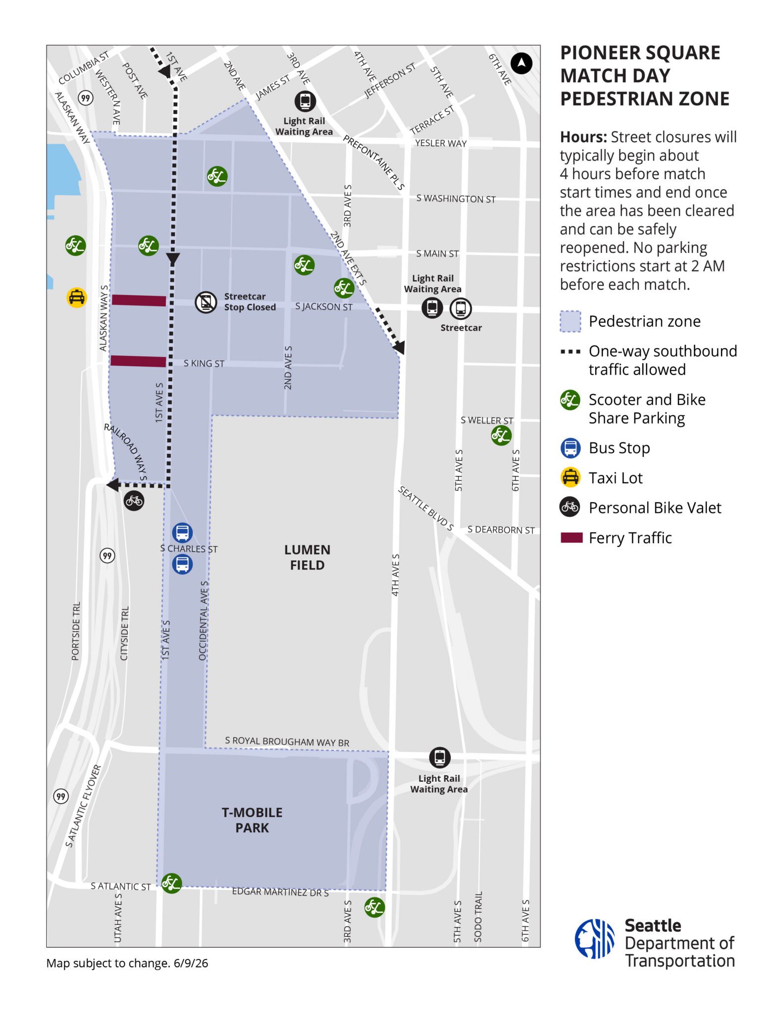 Map of the Pioneer Square Match Day Pedestrian Zone in Seattle. A large blue-shaded pedestrian area surrounds Lumen Field and T-Mobile Park, covering streets from about James Street south to South Atlantic Street. Light rail waiting areas are marked near James Street, near South Jackson Street, and near South Royal Brougham Way. Scooter and bike share parking is marked around Pioneer Square and the stadium area, and a personal bike valet is marked near Railroad Way South. The map also marks bus stops and a taxi lot. One-way southbound traffic is allowed on part of 1st Avenue South and 2nd Avenue Extension South. Street closures usually begin about 4 hours before match start, and no parking restrictions begin at 2 a.m.