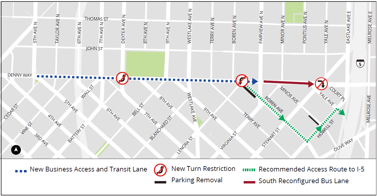 SDOT traffic planning map of Denny Way in downtown Seattle showing planned street changes. A new business access and transit lane runs east along Denny Way from 5th Ave N to Boren Ave, continuing as a reconfigured bus lane to Yale Ave. New turn restrictions are marked at 7th Ave N, Boren Ave and Yale Ave. A recommended alternate route to Interstate 5 runs via Boren Ave and Howell St, with parking removed along both streets.