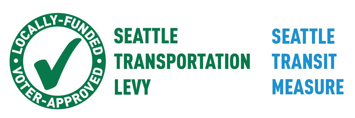 On the left, a dark green circular seal shows a checkmark in the center, with the curved words "Locally-Funded" on top and "Voter-Approved" below. In the center, bold green text reads "Seattle Transportation Levy." On the right, bold blue text reads "Seattle Transit Measure." The graphic marks projects paid for by these voter-approved local funding sources.